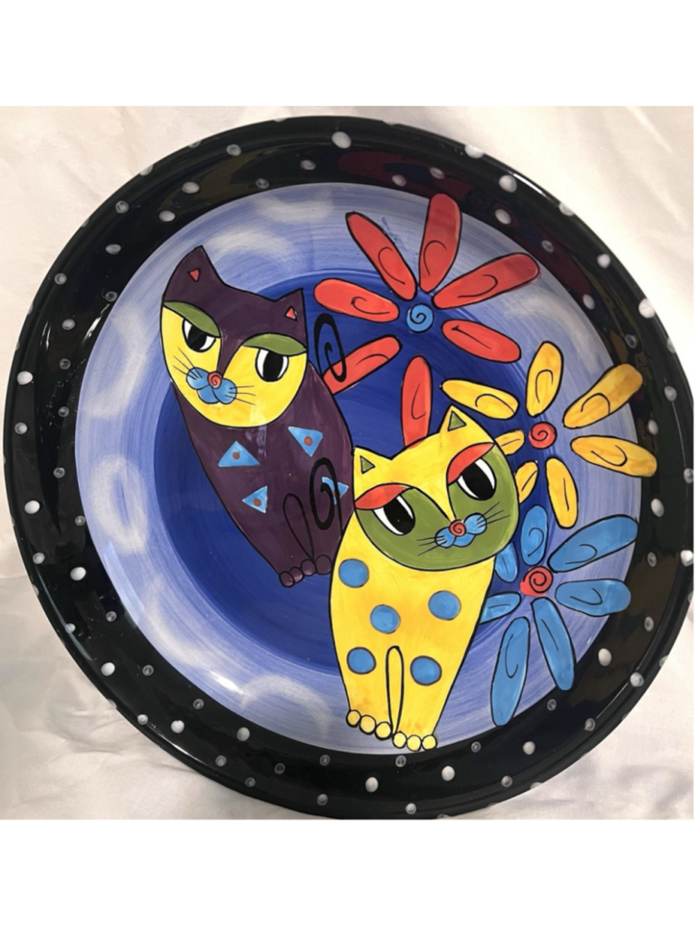 Milson and Louis Abstract Cats & Flowers Platter 13” Hand Painted Colorful Bowl